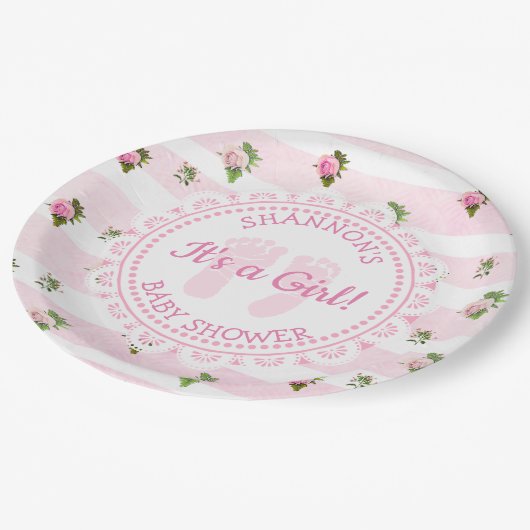 女パーソナライズされたの子ピンクの赤ちゃんシャワープレート ペーパープレート (アングル)