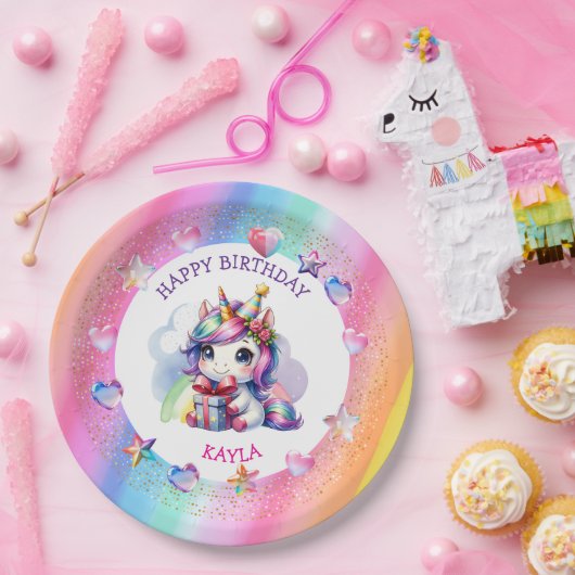 女パーソナライズされたの子誕生日ユニコーン ペーパープレート (パーティー)