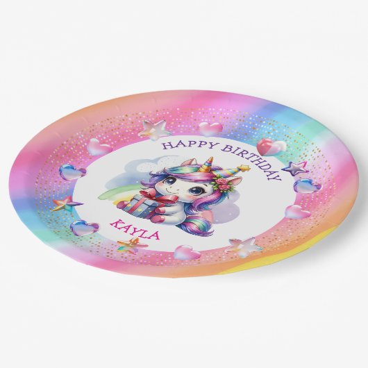 女パーソナライズされたの子誕生日ユニコーン ペーパープレート (アングル)