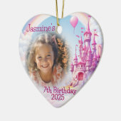 女パーソナライズされたの子7誕生日写真ハートギフト セラミックオーナメント (左)