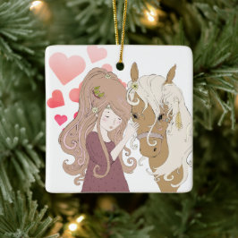 女パーソナライズされたの子、馬とハートクリスマス セラミックオーナメント