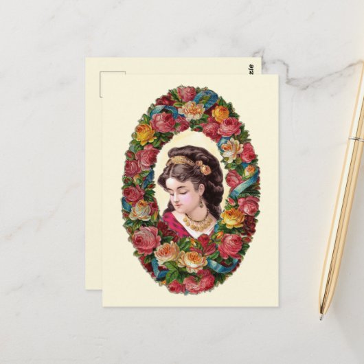 女ビクトリアンの内数々の色バラリース ポストカード (正面/裏面インサイチュ)