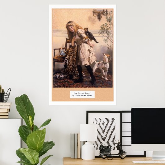 女ビクトリアンの子が犬を子猫に「あらしの港」 ポスター (ホームオフィス)