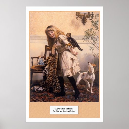 女ビクトリアンの子が犬を子猫に「あらしの港」 ポスター (正面)