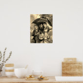 女ビクトリアンの子の傘の雨の日のビクトリアン女性 ポスター (キッチン)