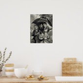 女ビクトリアンの子の傘の雨の日のビクトリアン女性 ポスター (キッチン)