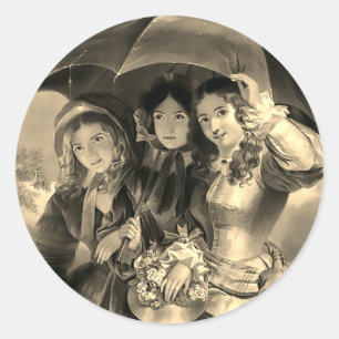 女ビクトリアンの子の傘の雨の日のビクトリアン女性 ラウンドシール