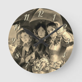 女ビクトリアンの子の傘の雨の日のビクトリアン女性 ラウンド壁時計