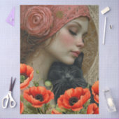 女ビクトリアンの子ブラックキャットレッドポピー抽象芸術アート 薄葉紙 (クラフト)