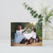 女ビクトリアンの子ペット犬のテーブルマナー絵画 ポストカード (スタンド正面)