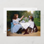 女ビクトリアンの子ペット犬のテーブルマナー絵画 ポストカード (正面/裏面)