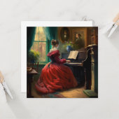 女ビクトリアンの遊ピアノ油絵 カード (正面/裏面インサイチュ)