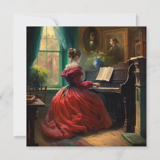 女ビクトリアンの遊ピアノ油絵 カード (正面)