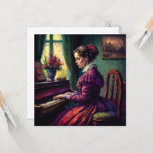 女ビクトリアンの遊ピアノ油絵 カード (正面/裏面インサイチュ)