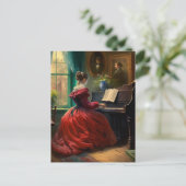 女ビクトリアンの遊ピアノ油絵 ポストカード (スタンド正面)