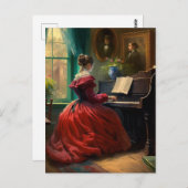 女ビクトリアンの遊ピアノ油絵 ポストカード (正面/裏面)
