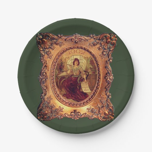 女ビクトリアンエレガントビクトリアン枠金ゴールド緑 ペーパープレート (正面)
