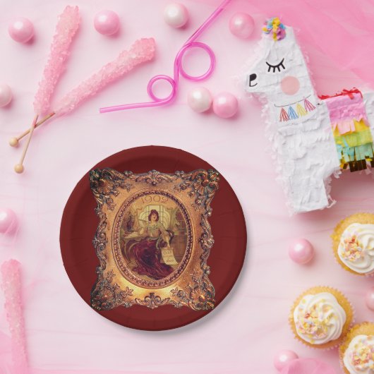 女ビクトリアンビクトリアンエレガント枠金ゴールド赤 ペーパープレート (パーティー)