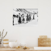 女ビクトリアン性スキーヤー、白黒ヴィンテージ ポスター (キッチン)