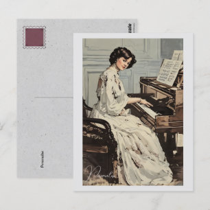 女ビクトリアン白ドレスピアノ音楽ヴィンテージ ポストカード