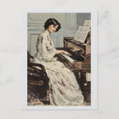 女ビクトリアン白ドレスピアノ音楽ヴィンテージ ポストカード (正面)