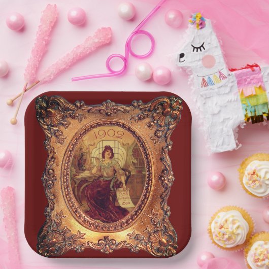 女ビクトリアン金ゴールドエレガント写真枠レッド ペーパープレート (パーティー)