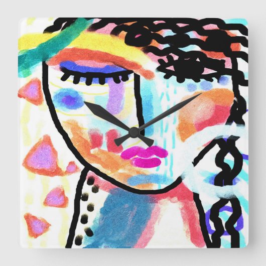 女ファンキー抽象芸術ポートレート スクエア壁時計 (正面)