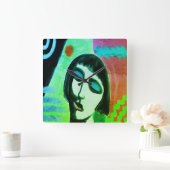 女ファンキー抽象芸術ポートレート スクエア壁時計 (ホーム)