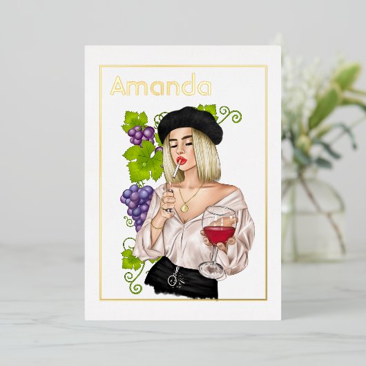女フランスの子ワインテイスティングバースデーパーティー 箔招待状 (立ち正面)