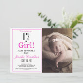 女モダンの子だ!ピンクフォトベビー散布 招待状 (スタンド正面)