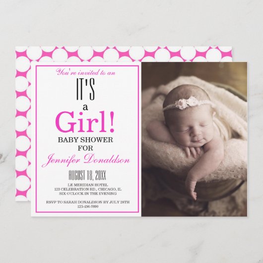 女モダンの子だ!ピンク色のフォトベビーシャワー 招待状 (正面/裏面)