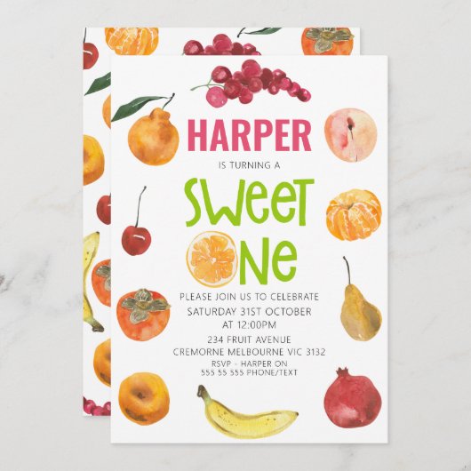 女モダンの子のフルーツをテーマにした誕生日 招待状 (正面/裏面)
