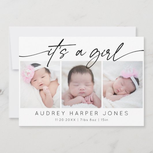 女モダンの子のベビー3生まれたばかりのフォトコラージュ 案内状 (正面)