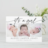 女モダンの子のベビー3生まれたばかりのフォトコラージュ 案内状 (スタンド正面)