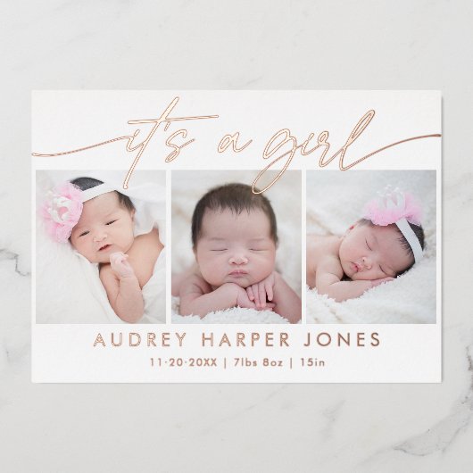 女モダンの子のベビー3生まれたばかりのフォトコラージュ 箔シーズンカード (正面)