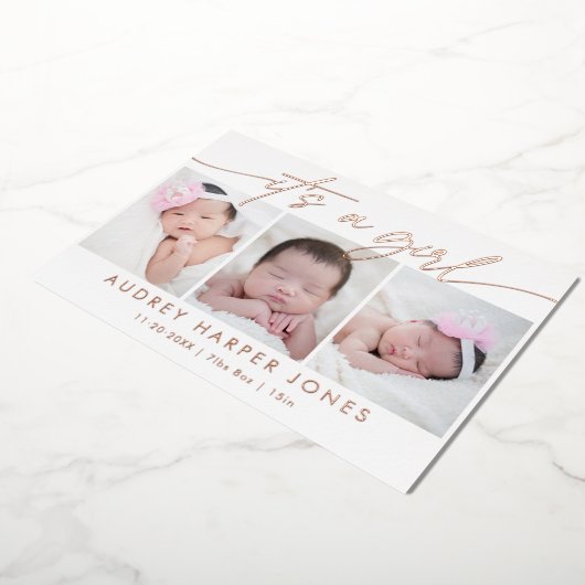 女モダンの子のベビー3生まれたばかりのフォトコラージュ 箔シーズンカード (回転した状態)