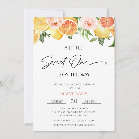 女モダンの子フローラ柑橘系スウィート1赤ちゃんシャワー 招待状 (正面)