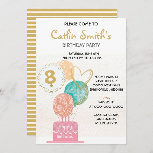 女モダンの子金ゴールドバルーン子供の誕生日パーティー 招待状 (正面/裏面)
