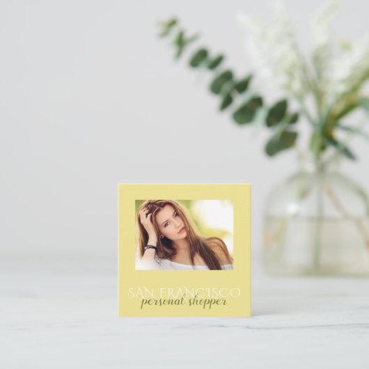 女モダン人写真の個人買い物ファッション スクエア名刺 (スタンド正面)