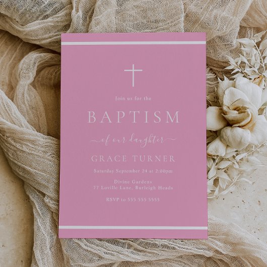 女モダン子ピンクのバプテスマ縁どホワイト 招待状