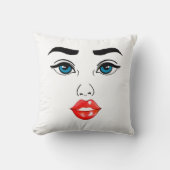 女モダン線アートスケッチブルーアイズレッドリップ クッション (正面)