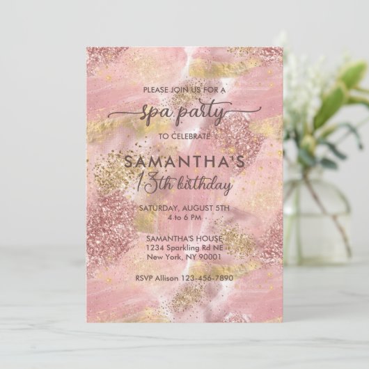 女モダン10代の子スパパーティーフェイクバラ金ゴールドグリッター 招待状 (スタンド正面)