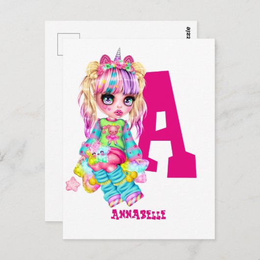 女モノグラムのの子ユニコーンかわいかわいらしパーソナライズされた ポストカード (正面/裏面)