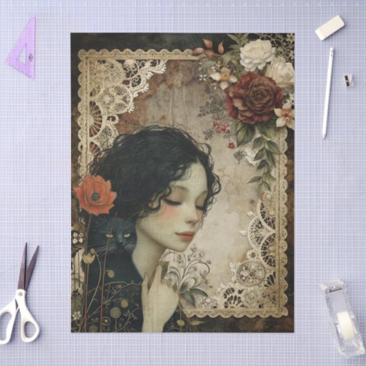 女ユニークエレガント児と黒猫の庭の花 薄葉紙 (クラフト)