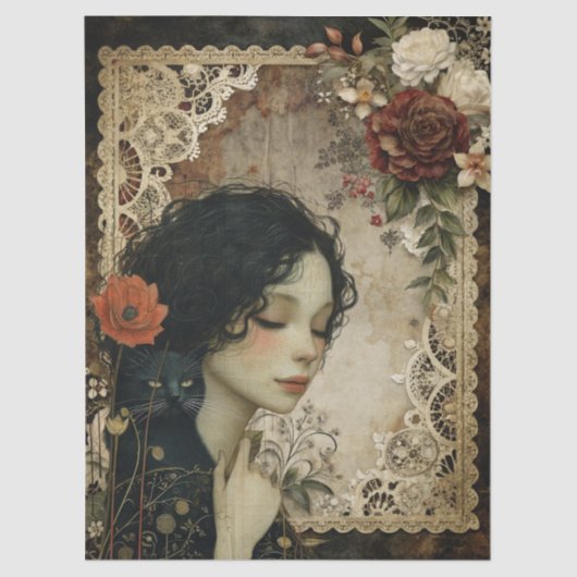 女ユニークエレガント児と黒猫の庭の花 薄葉紙 (正面)