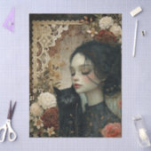 女ユニークエレガント児と黒猫フローラ園 薄葉紙 (クラフト)