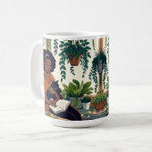 女リラックスは猫と本と植物を持つ コーヒーマグカップ (正面左)