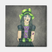 女不気味かわいらしの子グリーンハットスパイダーウェブライトグレー マグネット (正面)