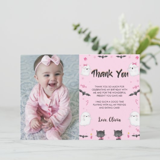 女不気味の子ハロウィーン誕生日パーティー写真 サンキューカード (スタンド正面)