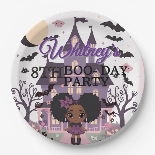 女不気味の子パープルアフロープフ誕生日パーティー ペーパープレート (正面)